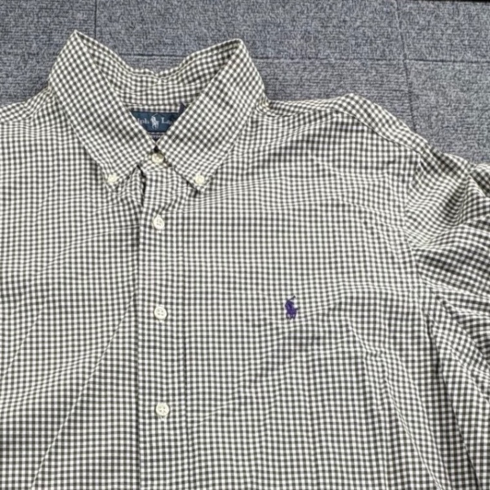 Ralph Lauren Mens XL Custom Fit Gingham Button Down Shirt Olive Green White